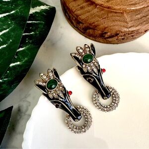 Horse Head Antiqued Gold Earrings Rhinestone Equestrian Vintage Style Baroque